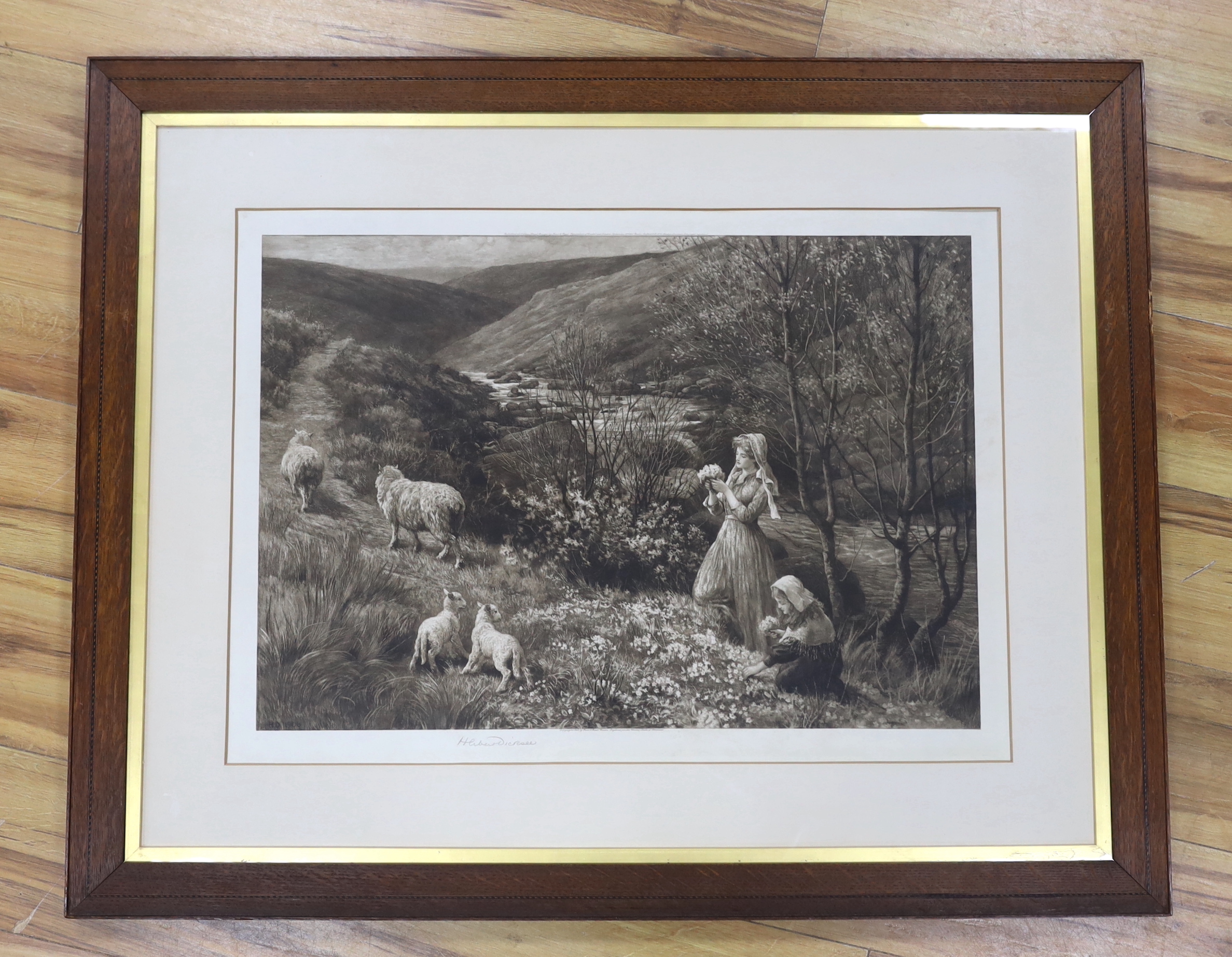 Herbert Dicksee (1862-1942), etching, 'Primrose Gatherers', signed in pencil, publ. 1908, exhibited Royal Academy 1909, 50 x 70cm